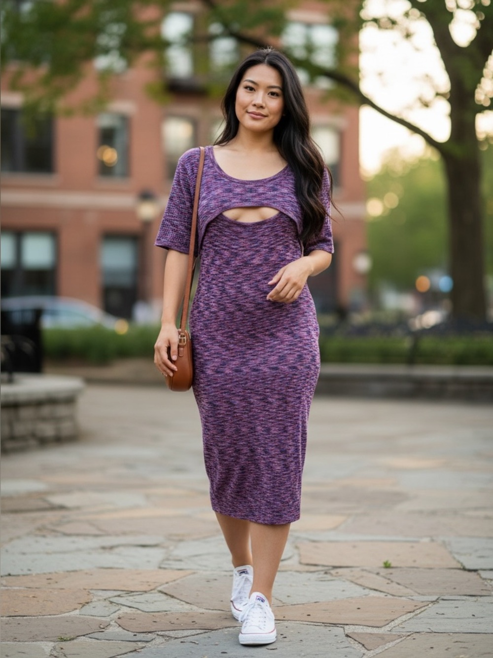 Lane Bryant Purple Heather Cutout Midi Front Ribbed Sweater Dress